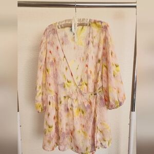 2X Future Collective Sheer Blouse Gathered Sleeve Mod/watercolor design